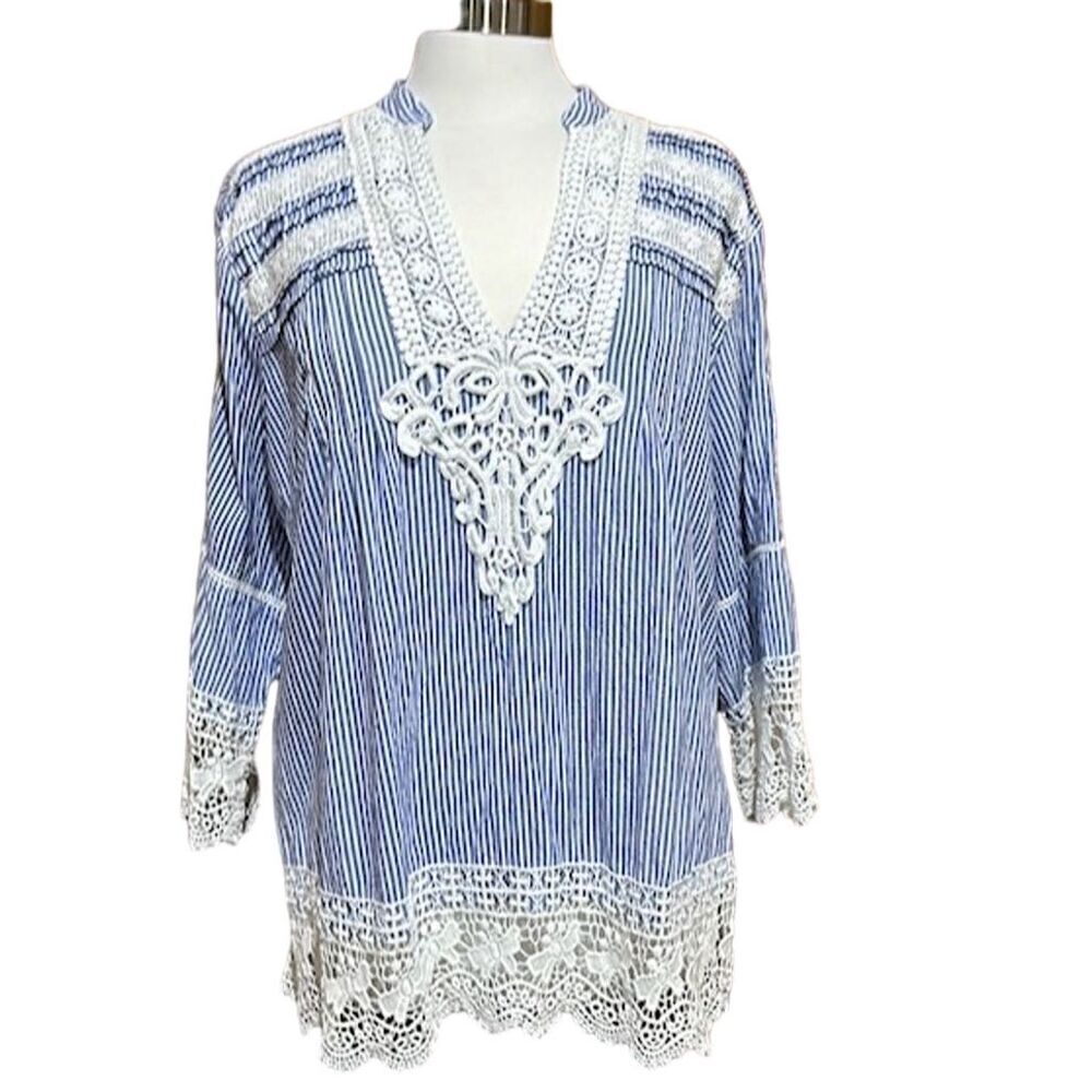 Kanishka Blue Striped Embroidered Long Sleeve V-Neck Tunic Top Size XL - EUC
